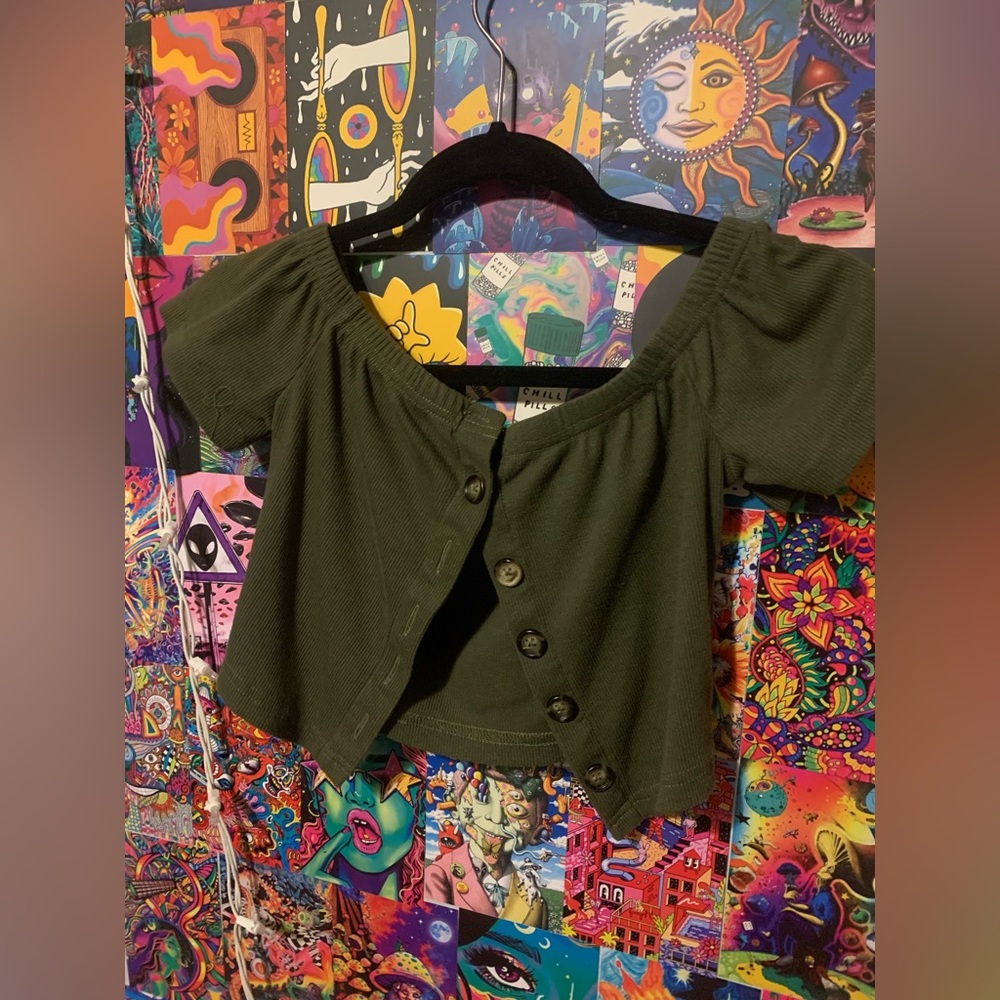 2 crop tops off the shoulders button up’s